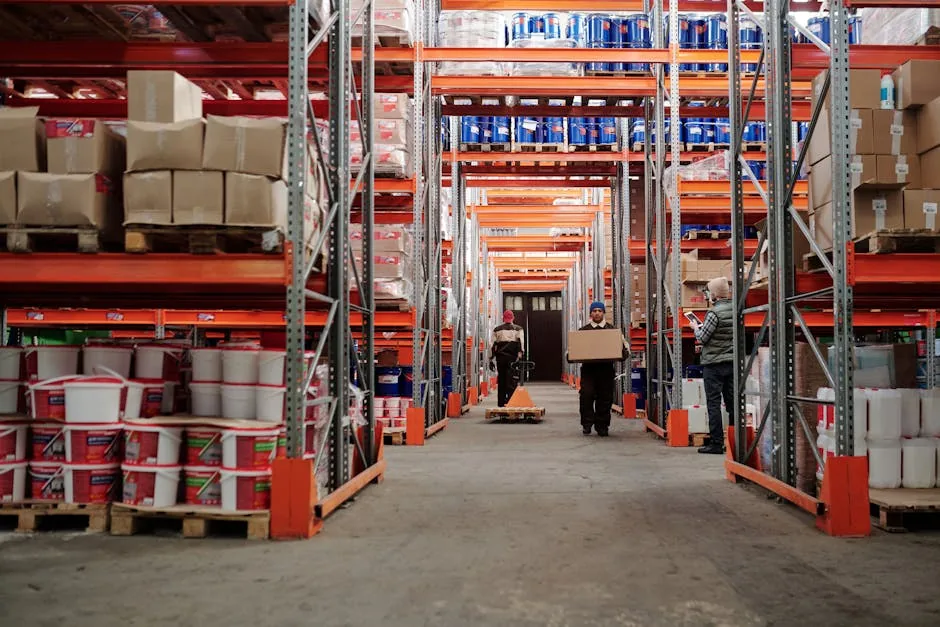 Warehouse workers handling boxes on organised shelves in a logistics facility.