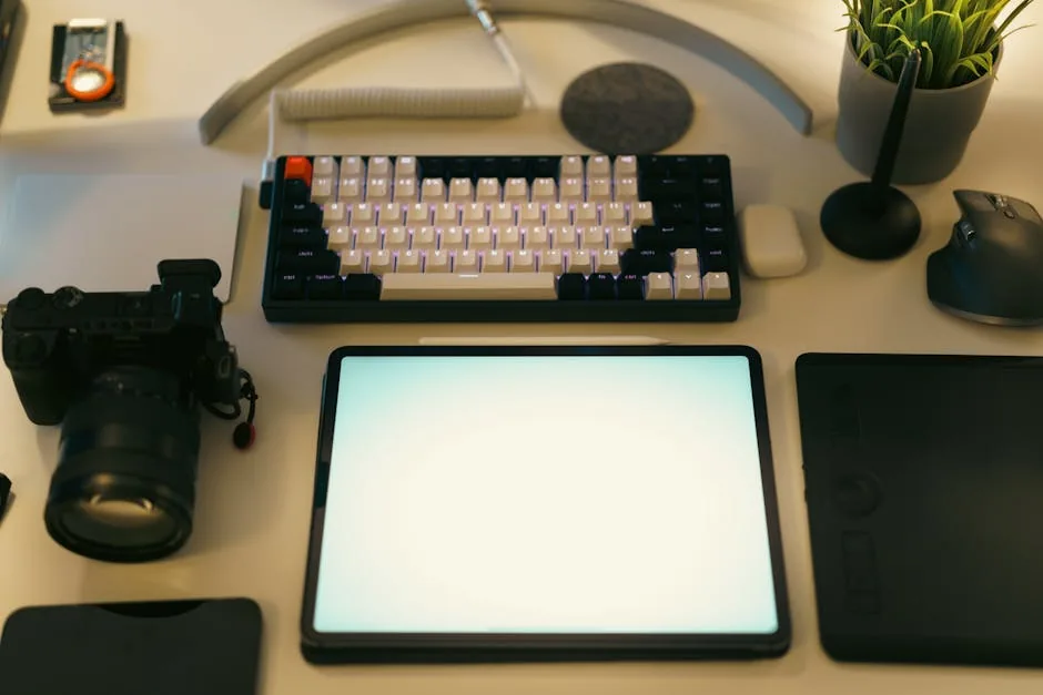 A stylish desk setup featuring a digital tablet, keyboard, camera, and plant, ideal for creative work.