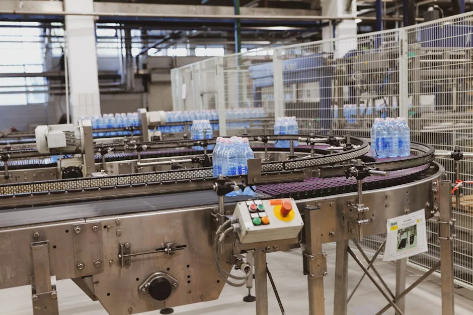 Water bottles being processed on an automated conveyor in a modern factory setting.