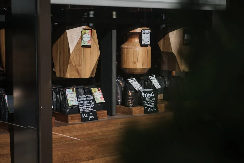 Elegant display of wooden barrels and coffee bags with labeled pricing in a shop setting.